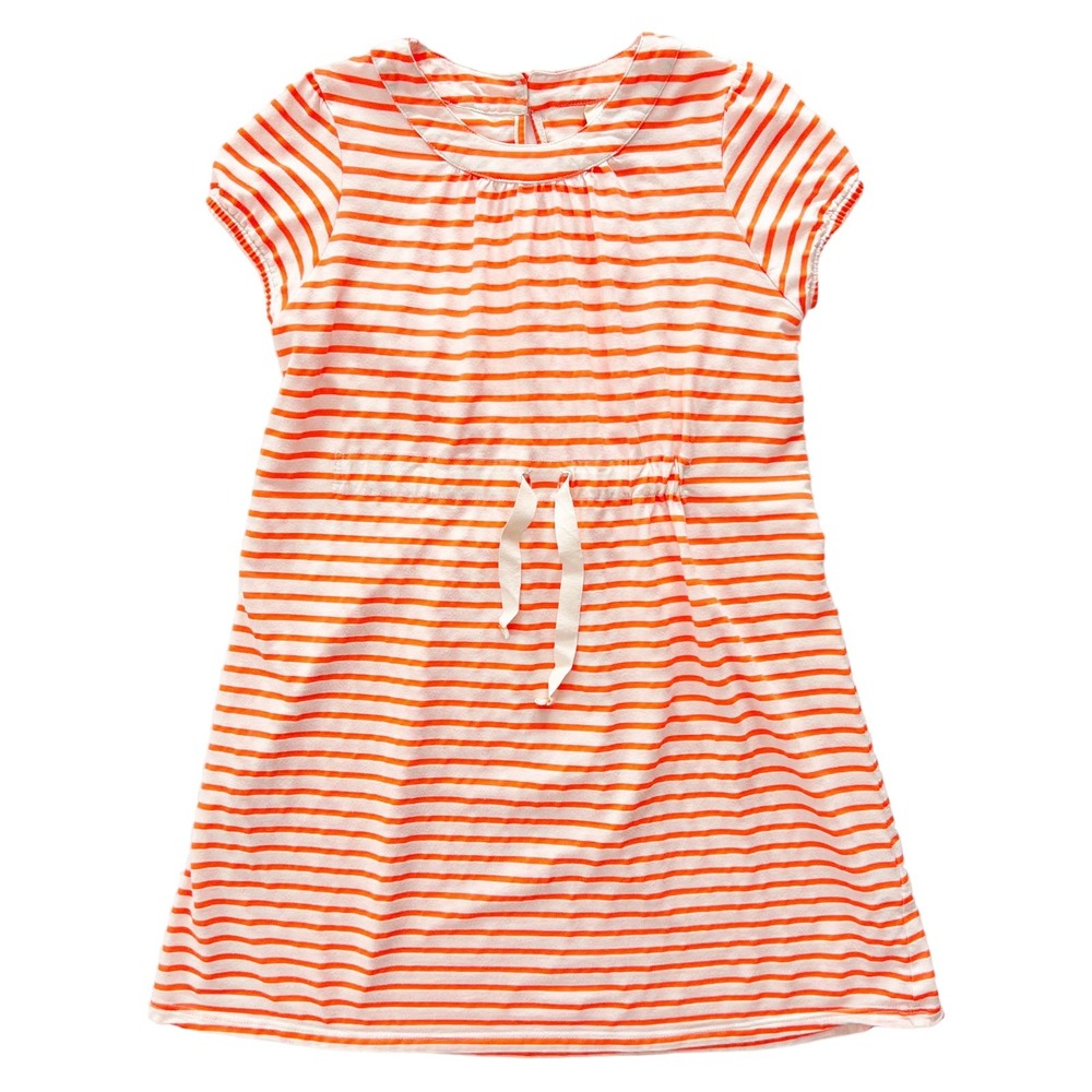 Mini Boden Striped Short Sleeve Waist Tie Dress Size 7-8 Neon Orange